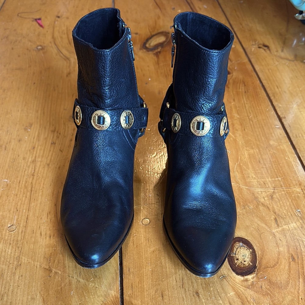 Modern Vintage, Black Leather Ankle Boots with Gold studded harness.